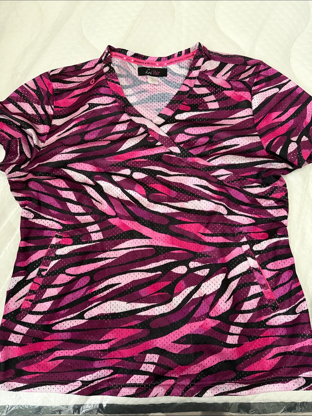 Cherokee Pink and Black Zebra-Print Short Sleeve Scrub Top